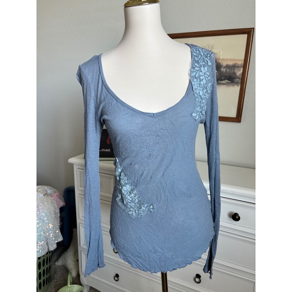 Y2K Coquette Fairycore Top H.I.P. Blue Ribbed Lace Applique Long Sleeve Medium